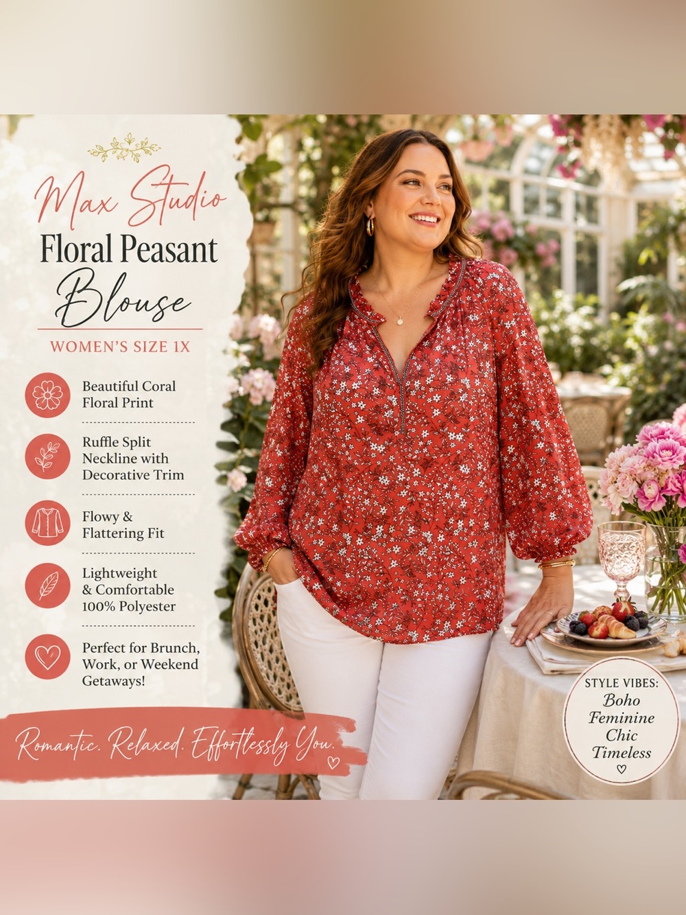 Max Studio 1X Coral Floral Peasant Blouse | Ruffle Split Neck Boho Top Plus Size